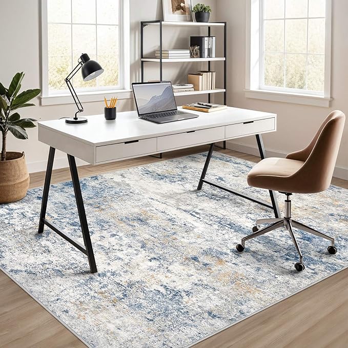 Area Rug Living Room Rugs - 5x8 Abstract Large Soft Indoor Washable Rug Neutral Modern Low Pile Carpet for Bedroom Dining Room Farmhouse Home Office - Blue