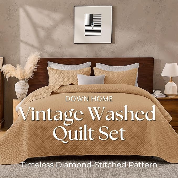 King Quilt Set with Shams Lightweight Quilted Bedspread Coverlet Thin Comforter Bed Cover Vintage Washed Quilted Blanket for All Season, Brushed Microfiber Diamond Stitching, Brown, 104"x92"
