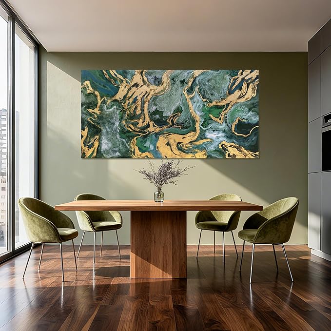 YETHEN WAL Emerald Green Canvas Wall Art, Gold Foil Marble Fluid Texture Art Prints, Large Modern Artwork for Living Room Bedroom Office 29x58 Inch