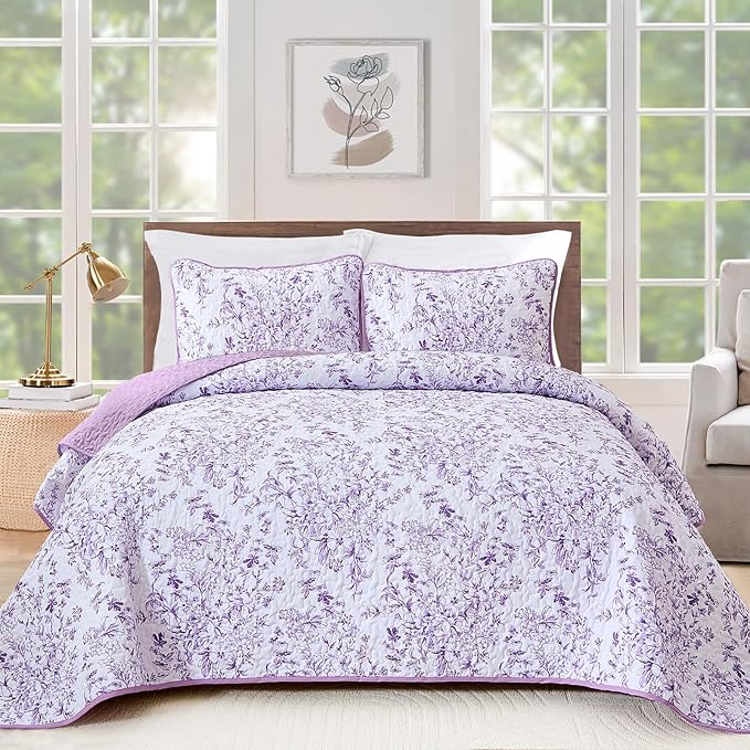 WONGS BEDDING Quilt King Size, Purple Quilt Bedding Set with 2 Pillowcases, Botanical Quilt for King Bed, Soft Microfiber Lightweight Coverlet Bedspread for All Season (110"×90", 3 Pieces)