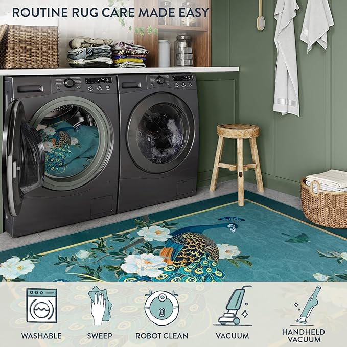 Lahome Peacock Area Rugs 8x10, Soft Washable 8x10 Rugs for Living Room, Floral Non Slip Vintage Ultra-Thin Stain Resistance Large Blue Carpet for Bedroom Office Farmhouse Dining Room, Blue