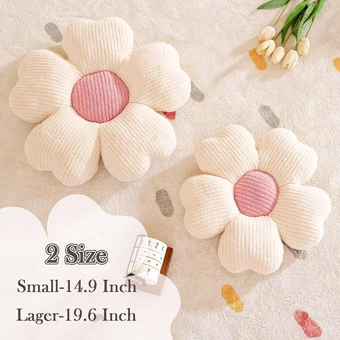 Kcvvcr Flower Throw Pillow, Cute Flower Shaped Pillow Decorative Throw Pillow for Bed Couch, Soft Daisy Pillows Floor Seating Cushion Cushions (19.6 Inch Ivory+Pink)
