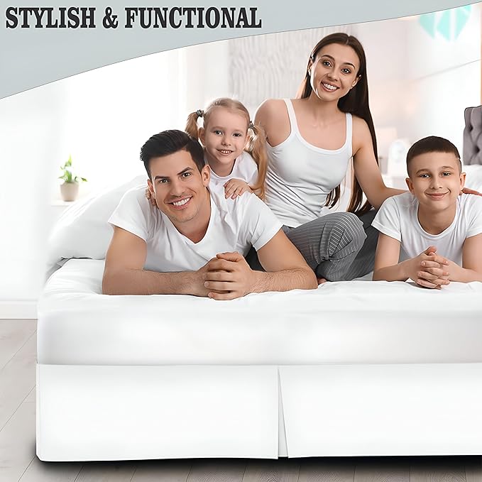 Pleated Bed Skirt Queen Size, 21" Drop with Platform Design for Secure Fit, Split Corners, Wrinkle-Resistant Microfiber for Modern Stylish Look, Tailored Bedding for Hotel Luxury - White