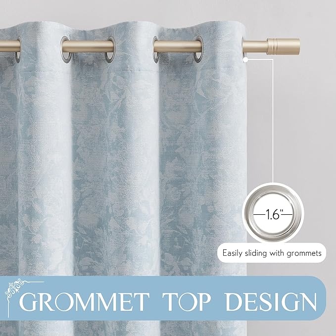 Beauoop Blue Floral Jacquard Blackout Curtains 120 Inches Long 2 Panels for Bedroom Living Room Chenille Flower Room Darkening Thermal Insulated Soundproof Grommet Window Treatments Drapes, 52x120