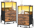 WLIVE Night Stand Set of 2 with Charging Station, LED Nightstand Sets with 2 Fabric Drawers and Storage Shelf, Small Bedside Tables for Small Spaces, Dresser for Bedroom, Rustic Brown