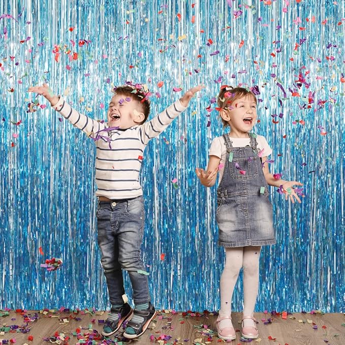GOER 3.2 ft x 8.2 ft Metallic Tinsel Foil Fringe Curtains Party Photo Backdrop Party Streamers for Birthday,Graduation,New Year Eve Decorations Wedding Decor (Light Blue,1 Pack)