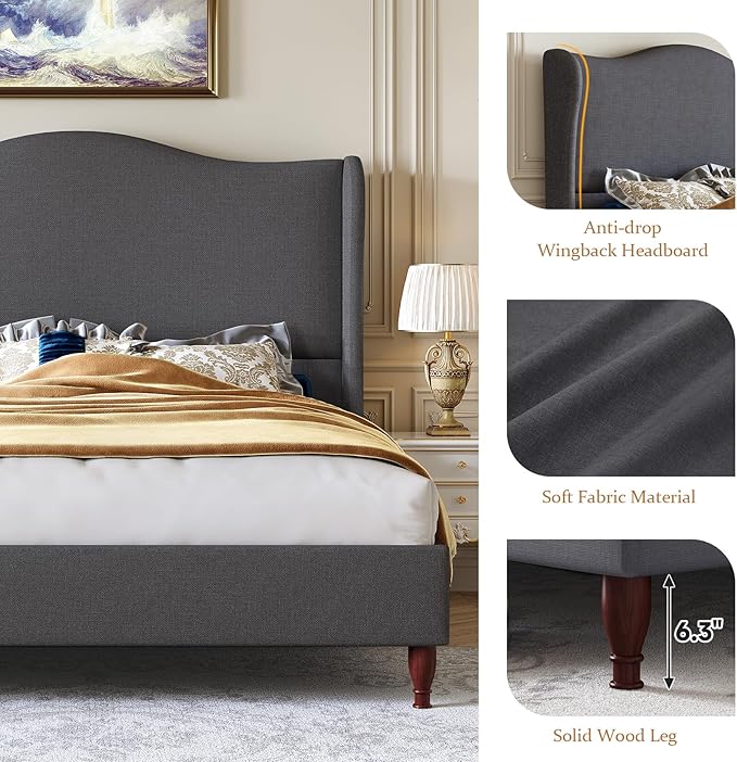 koorlian Full Size Bed Frame Upholstered Platform Bed with 51" Tall Headboard Wingback, Soft Fabric, Retro Simple Style Platform Bed No Box Spring Needed, Easy Assembly, Grey