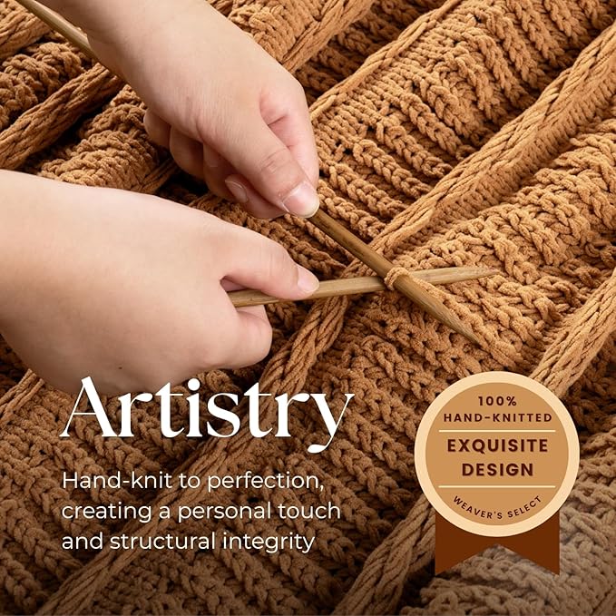 Boho Knitted Chenille Blanket with Tassels - Lightweight & Soft All-Season Throw - 3D Classic Pattern for Living Room Bedroom Couch, Amber Brown, Queen 90"x90"