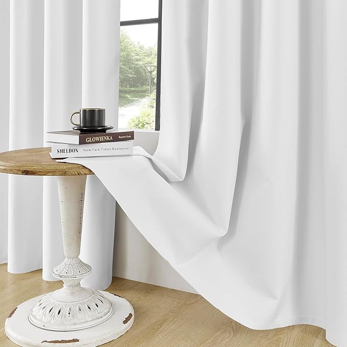 ChrisDowa 100% Blackout Pure White Solid Curtains 90 Inches Long 2 Panels for Bedroom Living Room,Farmhouse Room Darkening Thermal Insulated Soundproof Grommet Top Window Treatment Drapes,52x90