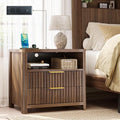 CypBed Night Stand with Charging Station, Bedside Tables with 2 Drawers & Storage Shelf, Wood Fluted Nightstand with Rounded Corner Design, Modern End Table for Bedroom, Easy Assembly