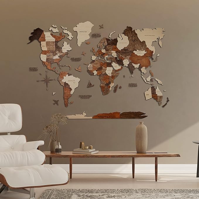 Handmade 3D Wood World Map Wall Art Large Wall Decor Track Your World Travels - Special for Home, Kitchen and Office (Medium, Multicolor)