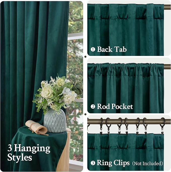 LAMIT Teal Velvet Curtains 90 Inch Length, Thermal Insulated Room Darkening Drapes for Living Room Luxury Privacy Protected Back Tab and Rod Pocket Panels for French Door, 2 Panels, 52 x 90 Inch