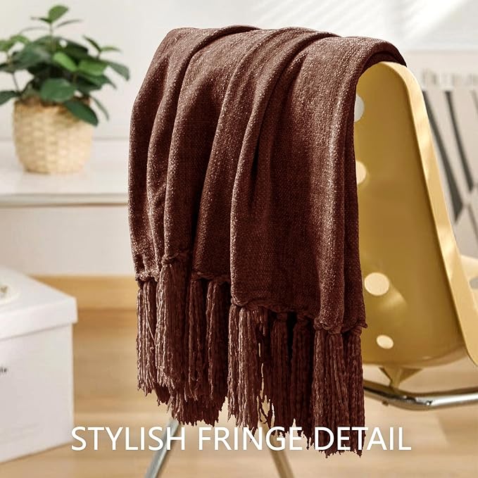 Chenille Throw Blanket for Couch 50"X 60", Soft Cozy Throws with Fringe Tassel for Bed Sofa Chair Cover, Lightweight Knitted Decorative Boho Blankets for Living Room, Dark Brown