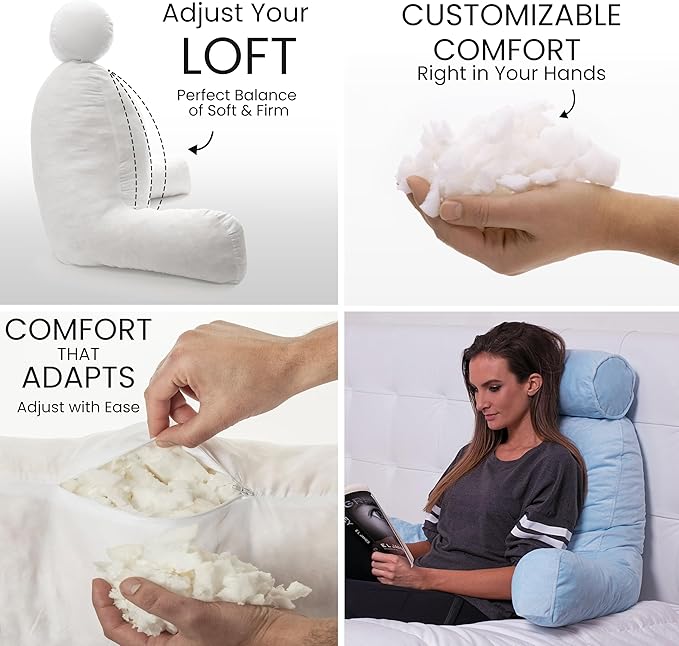 Husband Pillow XXL – Reading Pillow Bed Chair with Arms & Back Support – Sky Blue - Back Pillow for Beds Sitting Up – Bed Rest Arm Pillow – Comfy Reading Pillow for Adults