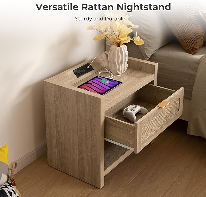 SICOTAS Rattan Nightstand End Table - Boho Night Stand Bedside Table with Type-C Charging Station, Wicker Decor Drawer Storage Cabinet Night Stand for Bedroom - Light Oak