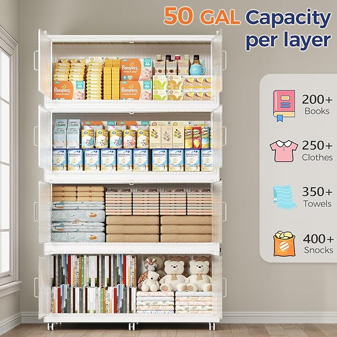 200GAL Extra Large Storage Bins with Lid, 800QT Collapsible Organizer with Wheels, Stackable Closet Cabinet with Doors, Folding Storage Containers for Home, Office, Kitchen, 4Pack White