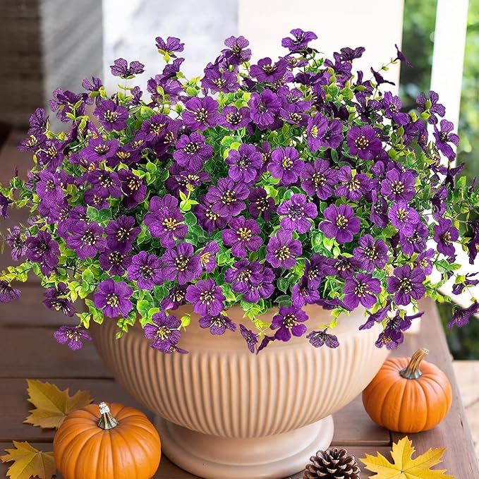 HyeFlora Artificial Flowers for Outdoor Indoor Garden Home Decoration, Faux Flower Daisy with Eucalyptus Leaves Fake Plants Greenery Boxwood Porch Patio, 12 Bundles (Purple 2)