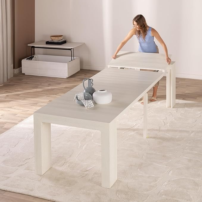 Transformer Table - Solid Wood Extendable Dining Table, Seats 2-12, Extendable Dining Room Table, Space-Saving Furniture, Expandable Dining Furniture (White, Table + Coffee Table)