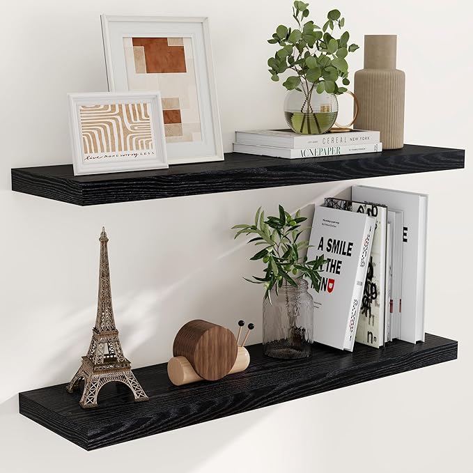 40 Inch Floating Shelves for Wall, 9.3 Inch Deep Shelves for Books & Decor, Wall-Mounted Floating Shelf 40 Inch Long Set of 2, Rustic Wooden Shelf for Living Room, Bedroom, Kitchen, Black