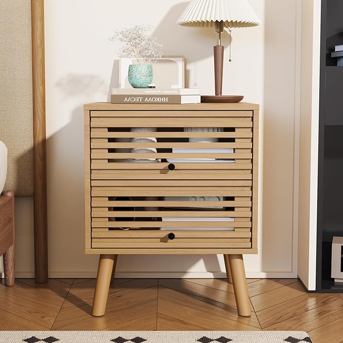 Nightstand Set of 2, Side Table, End Table, Mid Century Modern Nightstand with Hollowed Drawers, Bedside Tables, Small Nightstands with Storage for Bedroom, Oak