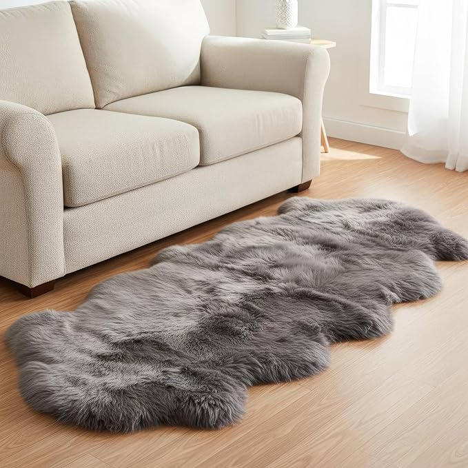 Premium Gray Sheepskin Rug Genuine Fur Bedside Runner 2x6ft - Great for Soothing Feet - Ethically Sourced Sheep Fur Rugs - Sheepskins Wool Runner