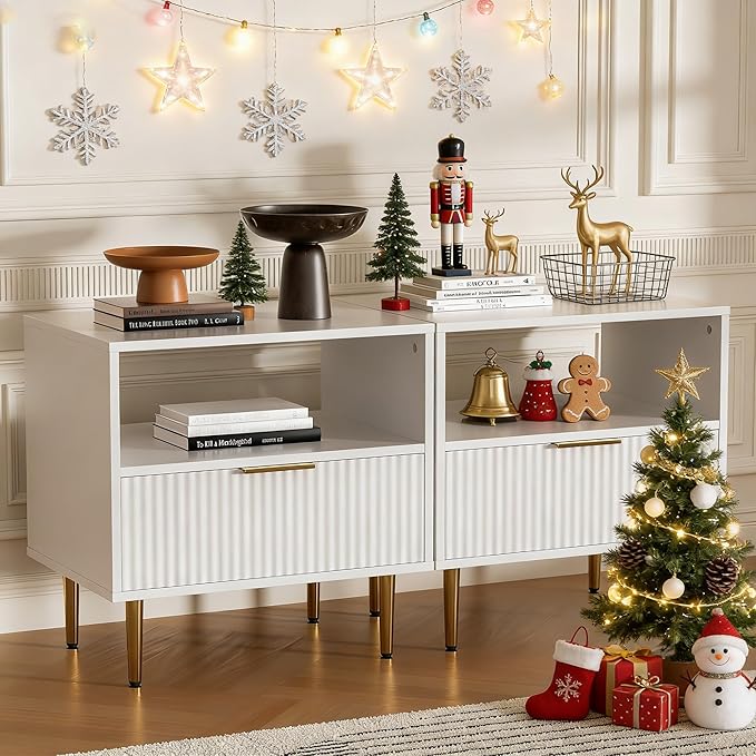 White Nightstand with Drawer, End Table with Storage, Bed Side Table with Open Space for Bedroom, Modern Nightstand with Golden Handle, Side Night Stand for Bedroom, Living Room, White