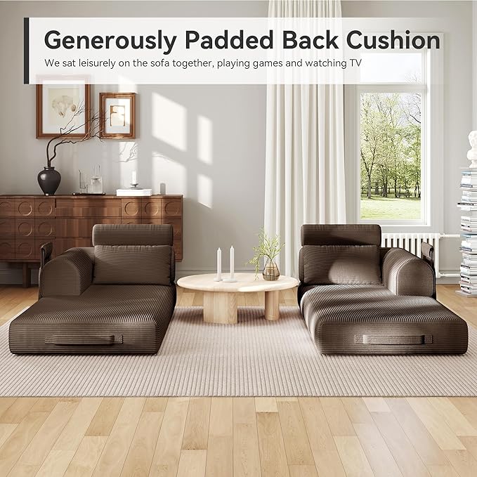 Upgrade High Backrest Design Sofa Bed with Fixed-Shape Frame & Removable Armrests and Backrest, Corduroy Fabric, Convertible Mattress Couch for Small Spaces - No Assembly Needed (High Backrest Brown)