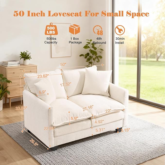 Loveseat Sofa Cloud Sofa Couch 50'', Modern Loveseats 2 Seat Couch 27" Deep Seat with 2 Pillows for Small Spaces Apartment Studio Office Bedroom Living Room 8834-BEIGE-1