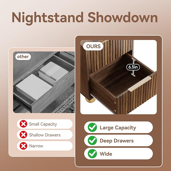 Fluted Nightstand, Walnut Finish Bedside Table with Spacious Storage Drawers, Night Stand with Solid Wood Round Legs for Bedroom, End Table, Side Table