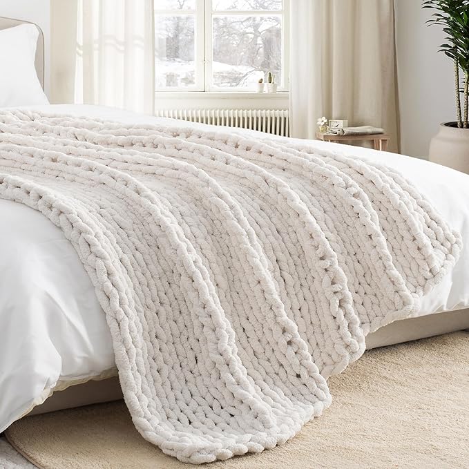 Chunky Knit Throw Blanket 50"X 60", 100% Handmade with Soft Chenille Yarn, 4.4lbs Thick Cable Knitted Blankets, Large Rope Knot Crochet Throws for Couch Sofa Bed Home Decor, Cream White
