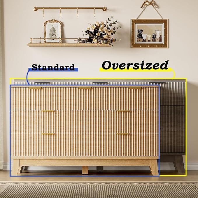 Fluted 7 Drawer Dresser, 47.2" Wide Modern Boho Chest of Drawers, Wooden Storage Dresser TV Stand for Bedroom, Living Room, Closet, Hallway, Curved Profile Design