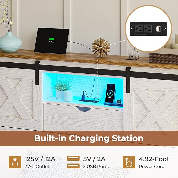 Hasuit Farmhouse Bed Frame Twin Size with 2 Storage Drawers, Wooden Platform Twin Bed with LED Lights and Charging Station, Rustic Accent Headboard with Sliding Barn Door Storage Cabinets