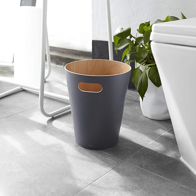 Umbra Woodrow 2-Gallon Modern Wooden Trash Can Wastebasket, Attractive Bin for Garbage or Recycling, Suitable for Home or Office, Dark Grey/Natural