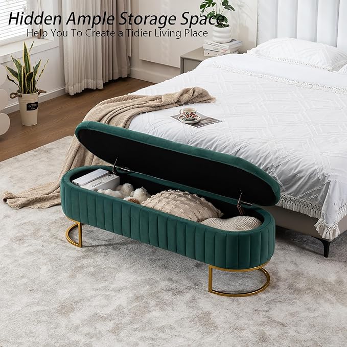 Velvet Storage Bench for Bedroom, Modern Tufted End of Bed Bench for King Size Bed, Upholstered Long Ottoman Bench with Gold Legs for Living Room/Entryway (Green, 55" W)
