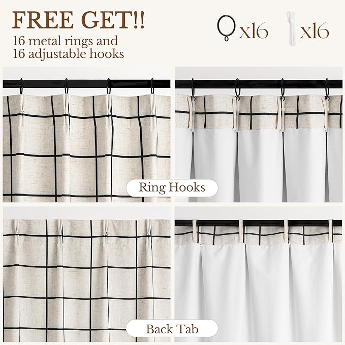 Plaid Pinch Pleated Curtains - Modern Luxury Linen Buffalo Blackout Drapes, Thermal Insulated Double Layer Window Panels for Living Room Bedroom, 84 Inches Long Black 2 Panels Set