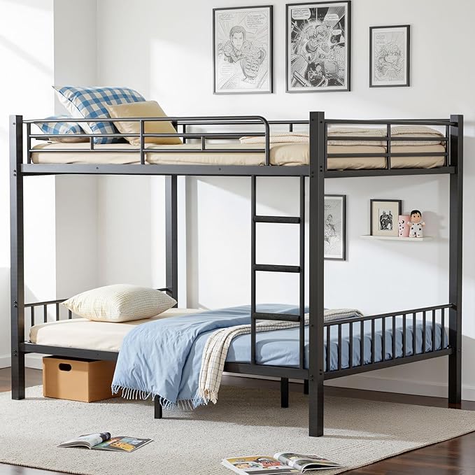 Queen Over Queen Bunk Bed for Adults & Teens, Heavy Duty Metal Bunk Bed with EVA Anti-Slip Ladder & Full-Length Guardrails, Noise-Free Queen Bunk Bed Frame with Under-Bed Storage, Black