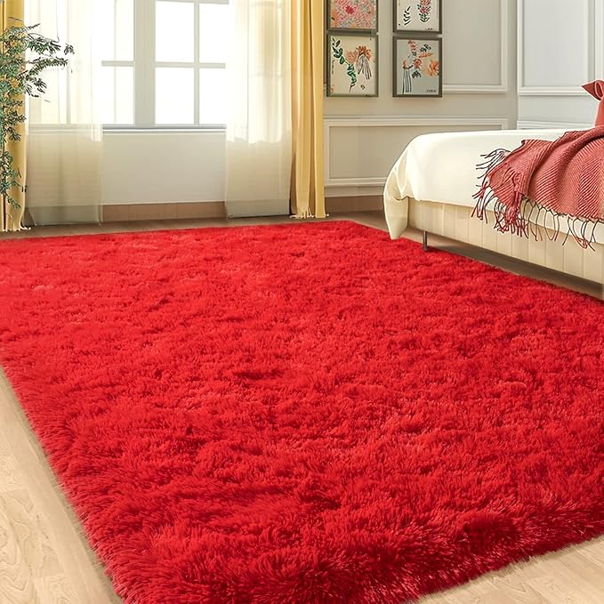 Red Rug 8x10 Carpet for Living Room, Soft Large Shag Rugs for Bedroom, Fluffy Fuzzy Modern Indoor Floor High Pile Area Rug for Kids Room Dorm Home Decor