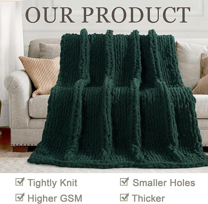 Chunky Knit Throw Blanket 50"X 60", 100% Handmade with Soft Chenille Yarn, 4.4lbs Thick Cable Knitted Blankets, Large Rope Knot Crochet Throws for Couch Sofa Bed Home Decor, Dark Green