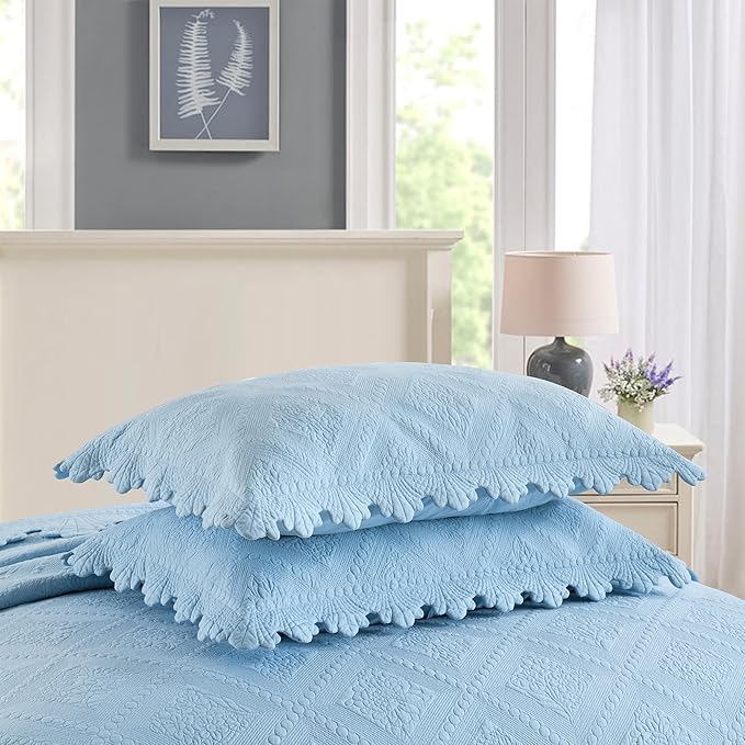 MarCielo 3-Piece 100% Cotton Oversized Bedspread Lightweight Quilt Coverlet Embroidery Farmhouse Bedding Set (TK Light Blue, Oversized Queen (100"x106"))