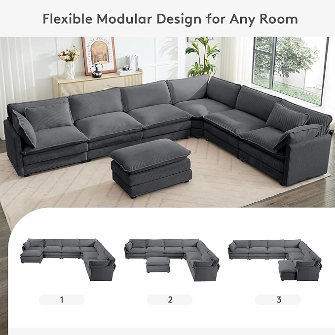 ROWHY 150'' Modular Sectional Corner Cloud Couch, 7 Seater Sofa Big Comfy Corduroy V Shaped Couch with 4 Throw Pillows, Movable Ottoman, Couches for Living Room Office Dark Grey