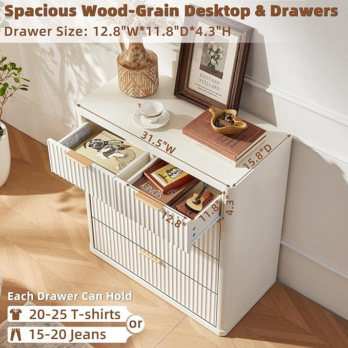 LEYAOYAO Fluted 5 Drawers Dresser for Bedroom, 34" Tall Modern Chest of Drawers with Metal Handle, Curved Profile Design,White Wood Drawer Organizer for Bedroom, Living Room, Hallway, Entryway