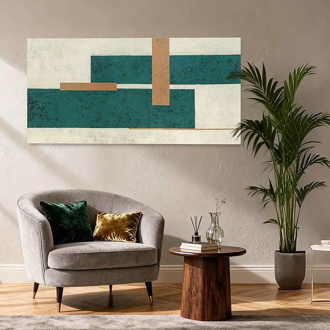 YETHEN WAL Teal Geometric Abstract Canvas Wall Art, 20×40 in Horizontal – Gallery Wrapped, Green & Beige Minimalist Artwork for Living Room, Bedroom, Office