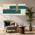 YETHEN WAL Teal Geometric Abstract Canvas Wall Art, 20×40 in Horizontal – Gallery Wrapped, Green & Beige Minimalist Artwork for Living Room, Bedroom, Office