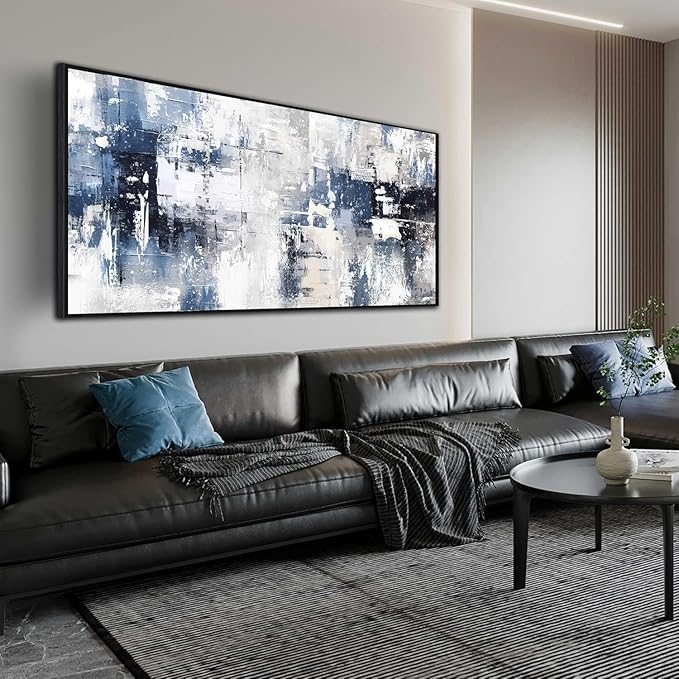 White and Blue Abstract Canvas Wall Art for Living Room Bedroom Home Office Large Black Framed Artwork Grey Abstract Canvas Prints Ready to Hang Size 29x59