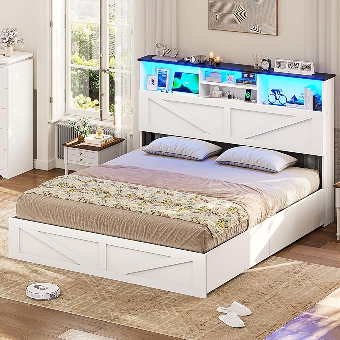VIAGDO Farmhouse Bed Frame Queen Size with Bookcase Storage Headboard, Charging Station and LED Lights, Wooden Queen Bed Frame with 4 Drawers, Barn Door Design, No Box Spring Needed, No Noise, White