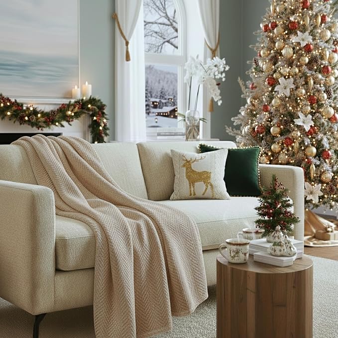 Cloud Scape Linen 100% Cotton Throw Blanket 50x70 Fog, Luxury All-Season Warmth, Ultra Soft, Oversized Herringbone Gauze Blanket for Winter, Bed, Couch & Sofa Decor, Best Gift Idea