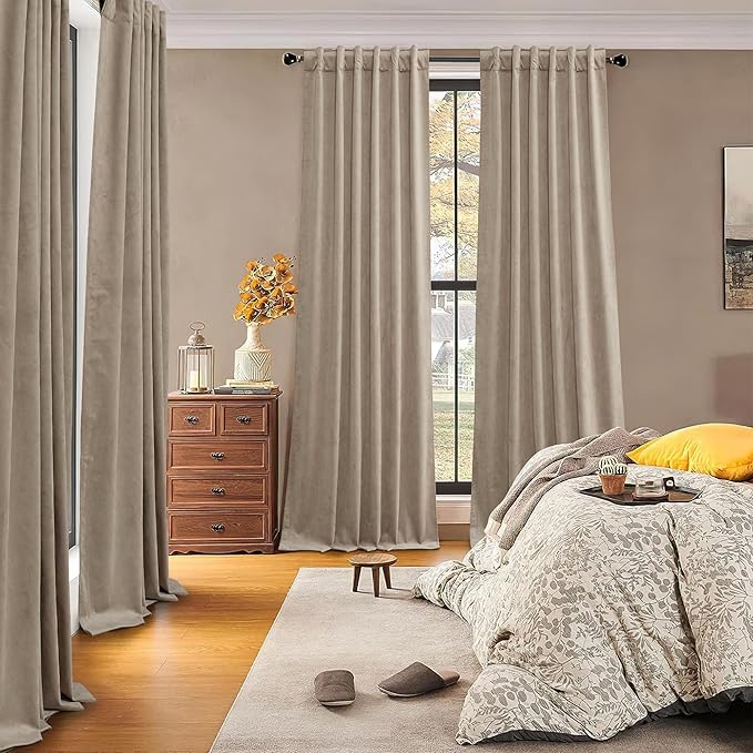 RYB HOME 100% Blackout Velvet Curtains for Living Room, Light Blocking Nursery Curtains 108 inches Long 2 Panels, Back Tab Thermal Insulated Window Drapes for Bedroom, Camel Beige, 52W x 108L