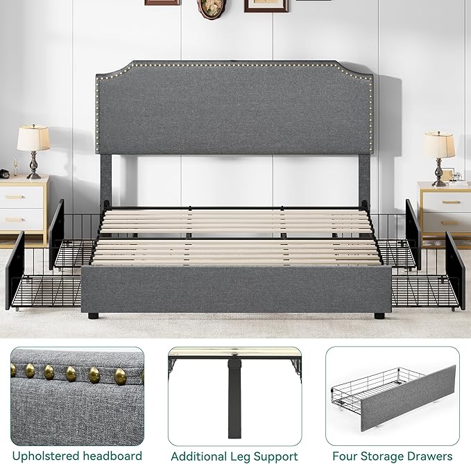 YITAHOME King Bed Frame with 4 Storage Drawers, Upholstered Platform Bed Frame with Adjustable Rivet-Trimmed Headboard, USB & Type-C Charging Ports, Wooden Slats, Easy to Assemble (Gray)