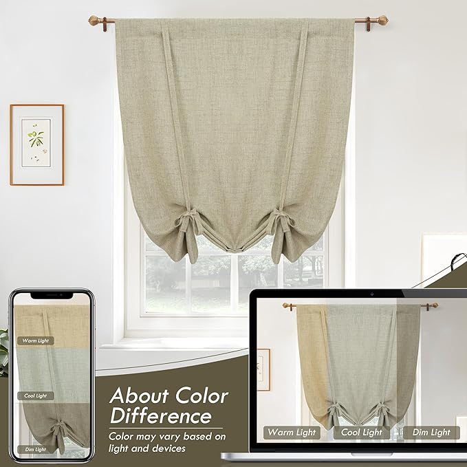 DriftAway Double Layer Linen Blackout Tie Up Curtains Thermal Insulated Fully Lined Balloon Roman Shade Bathroom Window Adjustable Rod Pocket for Small Window 25 Inch by 47 Inch Light Khaki Linen