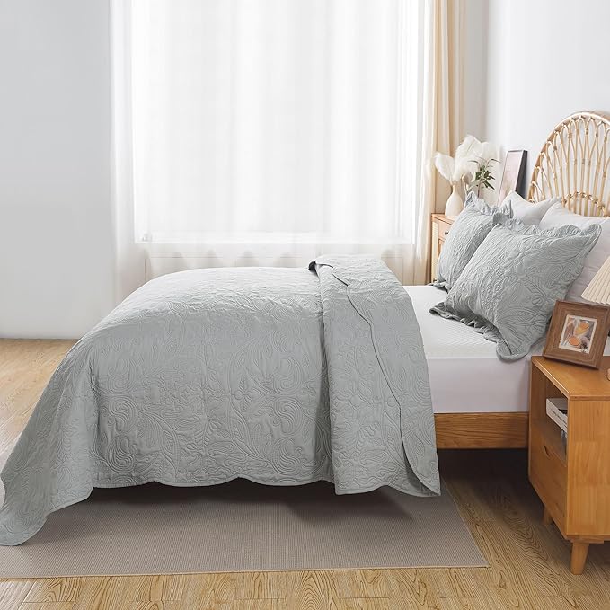 HoneiLife Quilt Set Queen Size - 3 Pieces Queen Quilt Bedding Set Microfiber Quilt Sets Lightweight Bedspreads Reversible Coverlets Retro Bed Cover Floral Bedding Set All Season Quilts-Light Grey